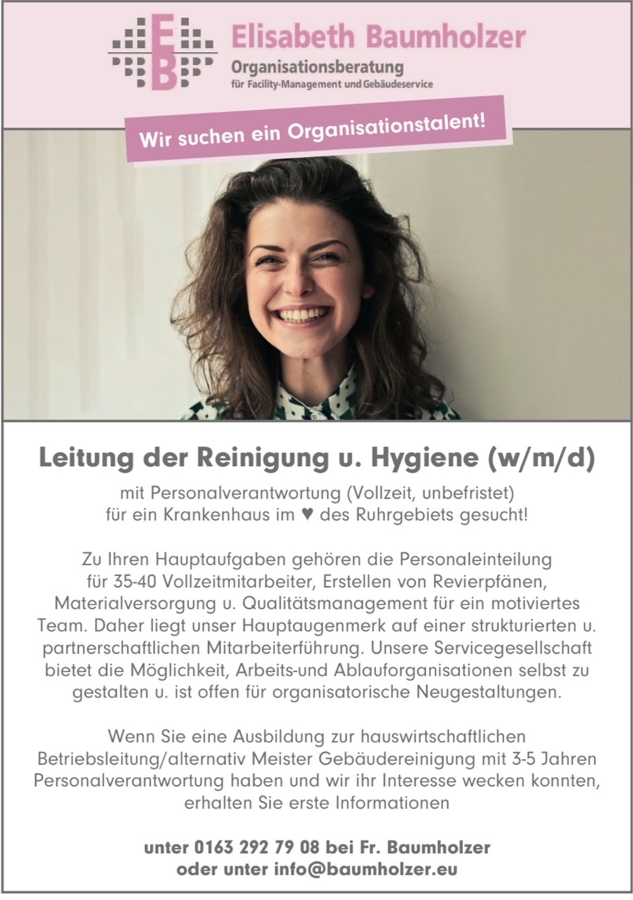 Stellenanzeige von Elisabeth Baumholzer für die Position - Leitung der Reinigung und Hygiene (w/m/d)
